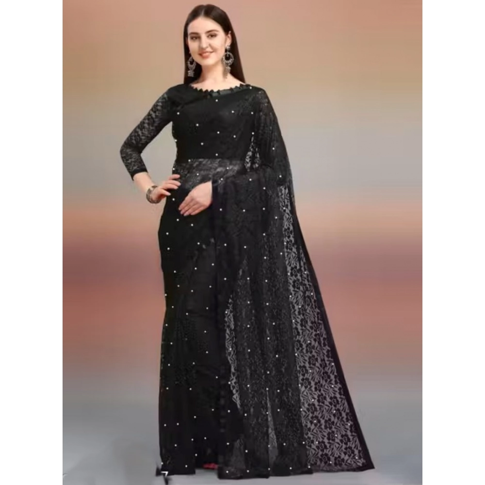 65611-1000x1000-1.webp Generic Women's Net Self Design Saree With Unstitched Blouse 5.5Mtr (Black) - Image 1