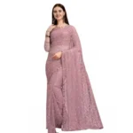 Generic Women's Net Self Design Saree With Unstitched Blouse 5.5Mtr (Light Brown) - Image 4