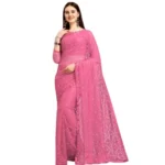 Generic Women's Net Self Design Saree With Unstitched Blouse 5.5Mtr (Dark Pink) - Image 4