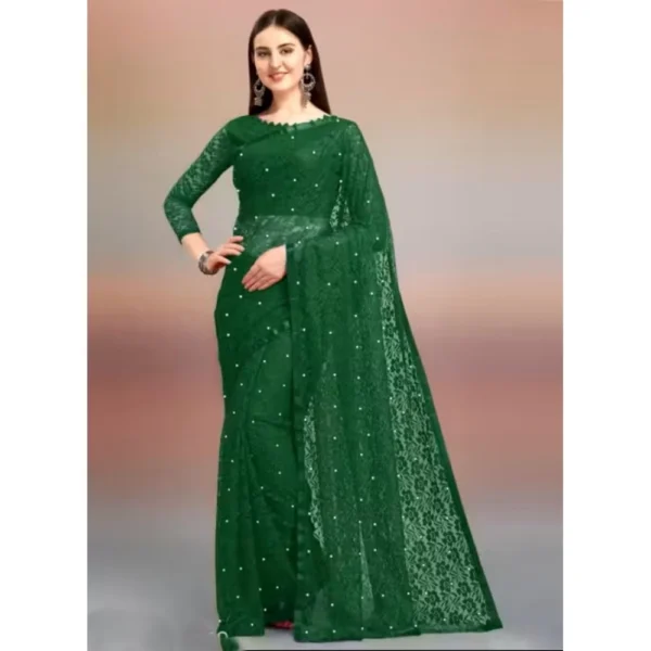 Generic Women's Net Self Design Saree With Unstitched Blouse 5.5Mtr (Green)