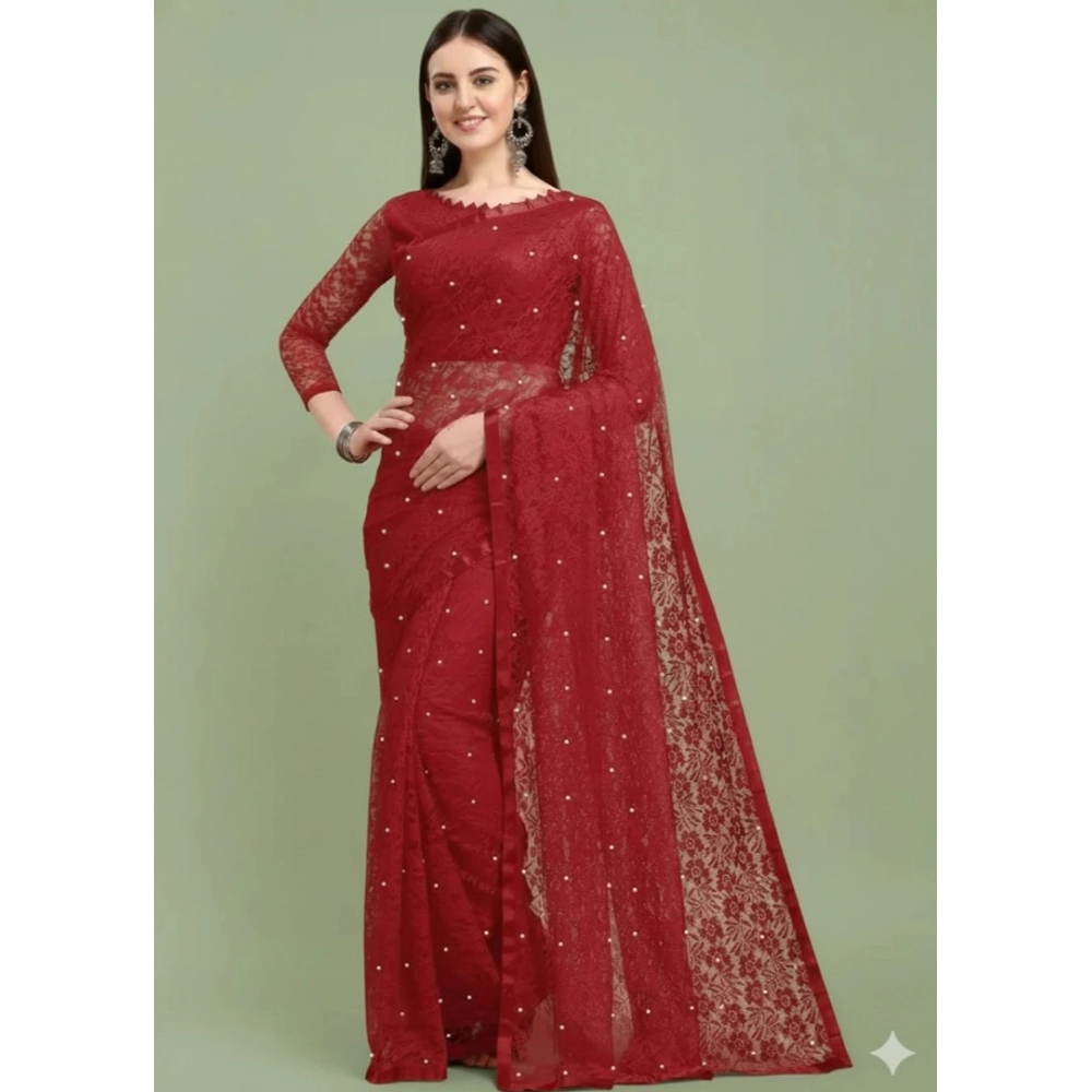 65615-1000x1000-1.webp Generic Women's Net Self Design Saree With Unstitched Blouse 5.5Mtr (Maroon) - Image 1