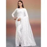 Generic Women's Net Self Design Saree With Unstitched Blouse 5.5Mtr (White)