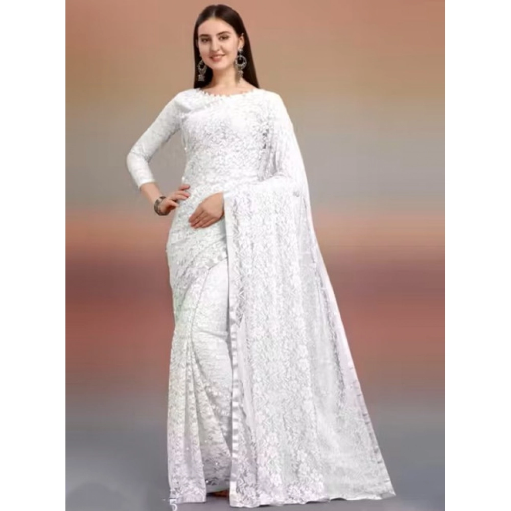 65618-1000x1000-1.webp Generic Women's Net Self Design Saree With Unstitched Blouse 5.5Mtr (White) - Image 1