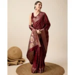 Generic Women's Soft Silk Jacquard Saree With Unstitched Blouse 5.5Mtr (Maroon) - Image 3