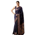 Generic Women's Soft Silk Jacquard Saree With Unstitched Blouse 5.5Mtr (Navy) - Image 4