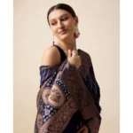Generic Women's Soft Silk Jacquard Saree With Unstitched Blouse 5.5Mtr (Navy) - Image 2