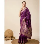 Generic Women's Soft Silk Jacquard Saree With Unstitched Blouse 5.5Mtr (Purple) - Image 3
