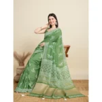 Generic Women's Semi Cotton Printed Saree With Unstitched Blouse 5.5Mtr (Mint-Green) - Image 2