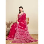 Generic Women's Semi Cotton Printed Saree With Unstitched Blouse 5.5Mtr (Red) - Image 2