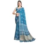 Generic Women's Semi Cotton Printed Saree With Unstitched Blouse 5.5Mtr (Sky-Blue) - Image 4