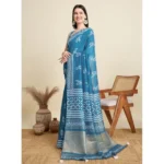 Generic Women's Semi Cotton Printed Saree With Unstitched Blouse 5.5Mtr (Sky-Blue)