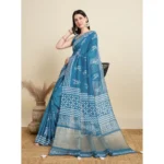 Generic Women's Semi Cotton Printed Saree With Unstitched Blouse 5.5Mtr (Sky-Blue) - Image 2