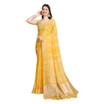 Generic Women's Semi Cotton Printed Saree With Unstitched Blouse 5.5Mtr (Yellow) - Image 4