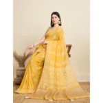 Generic Women's Semi Cotton Printed Saree With Unstitched Blouse 5.5Mtr (Yellow) - Image 2