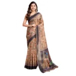Generic Women's Semi Cotton Digital Print Saree With Unstitched Blouse 5.5Mtr (Beige) - Image 4