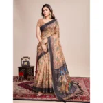 Generic Women's Semi Cotton Digital Print Saree With Unstitched Blouse 5.5Mtr (Beige) - Image 2