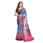 Generic Women's Semi Cotton Digital Print Saree With Unstitched Blouse 5.5Mtr (Blue) - Image 4