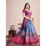 Generic Women's Semi Cotton Digital Print Saree With Unstitched Blouse 5.5Mtr (Blue) - Image 2