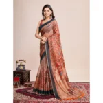 Generic Women's Semi Cotton Digital Print Saree With Unstitched Blouse 5.5Mtr (Orange)