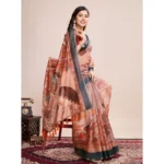 Generic Women's Semi Cotton Digital Print Saree With Unstitched Blouse 5.5Mtr (Orange) - Image 2