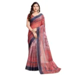 Generic Women's Semi Cotton Digital Print Saree With Unstitched Blouse 5.5Mtr (Peach) - Image 4