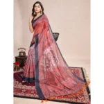 Generic Women's Semi Cotton Digital Print Saree With Unstitched Blouse 5.5Mtr (Peach) - Image 2