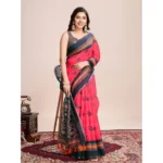 Generic Women's Semi Cotton Digital Print Saree With Unstitched Blouse 5.5Mtr (Red) - Image 2