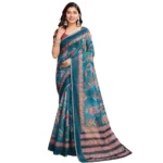 Generic Women's Semi Cotton Digital Print Saree With Unstitched Blouse 5.5Mtr (Teal) - Image 4