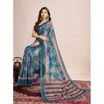Generic Women's Semi Cotton Digital Print Saree With Unstitched Blouse 5.5Mtr (Teal) - Image 2