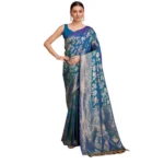 Generic Women's Soft Silk Jacquard Saree With Unstitched Blouse 5.5Mtr (Blue) - Image 4