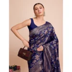 Generic Women's Soft Silk Jacquard Saree With Unstitched Blouse 5.5Mtr (Navy-Blue) - Image 2