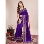 Generic Women's Vichitra Silk Embroidery Work Saree With Unstitched Blouse 5.5Mtr (Purple) - Image 2