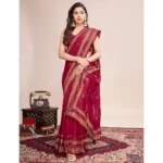 Generic Women's Vichitra Silk Embroidery Work Saree With Unstitched Blouse 5.5Mtr (Red) - Image 2