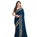 Generic Women's Vichitra Silk Embroidery Work Saree With Unstitched Blouse 5.5Mtr (Teal) - Image 4
