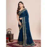 Generic Women's Vichitra Silk Embroidery Work Saree With Unstitched Blouse 5.5Mtr (Teal)