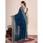 Generic Women's Vichitra Silk Embroidery Work Saree With Unstitched Blouse 5.5Mtr (Teal) - Image 3