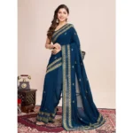 Generic Women's Vichitra Silk Embroidery Work Saree With Unstitched Blouse 5.5Mtr (Teal) - Image 2
