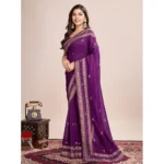 Generic Women's Vichitra Silk Embroidery Work Saree With Unstitched Blouse 5.5Mtr (Wine) - Image 3