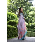 Generic Women's Faux_Tussar Floral_Print Saree With Unstitched Blouse 5.5Mtr (Lavender) - Image 2