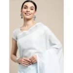 Generic Women's Linen Cotton Striped Saree With Unstitched Blouse 5.5Mtr (Sky Blue)