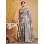 Generic Women's Linen Cotton Printed Saree With Unstitched Blouse 5.5Mtr (Grey)