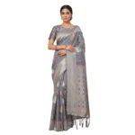 Generic Women's Linen Cotton Printed Saree With Unstitched Blouse 5.5Mtr (Grey) - Image 3