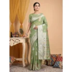 Generic Women's Linen Cotton Printed Saree With Unstitched Blouse 5.5Mtr (Light Green)