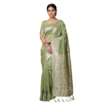 Generic Women's Linen Cotton Printed Saree With Unstitched Blouse 5.5Mtr (Light Green) - Image 2