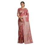 Generic Women's Linen Cotton Printed Saree With Unstitched Blouse 5.5Mtr (Pink) - Image 3