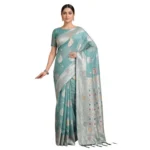 Generic Women's Linen Cotton Printed Saree With Unstitched Blouse 5.5Mtr (Sea Green) - Image 3