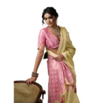 Generic Women's Linen Cotton Printed Saree With Unstitched Blouse 5.5Mtr (Yellow ) - Image 2
