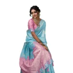 Generic Women's Linen Cotton Printed Saree With Unstitched Blouse 5.5Mtr (Sky Blue)