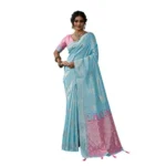 Generic Women's Linen Cotton Printed Saree With Unstitched Blouse 5.5Mtr (Sky Blue) - Image 5