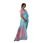 Generic Women's Linen Cotton Printed Saree With Unstitched Blouse 5.5Mtr (Sky Blue) - Image 3